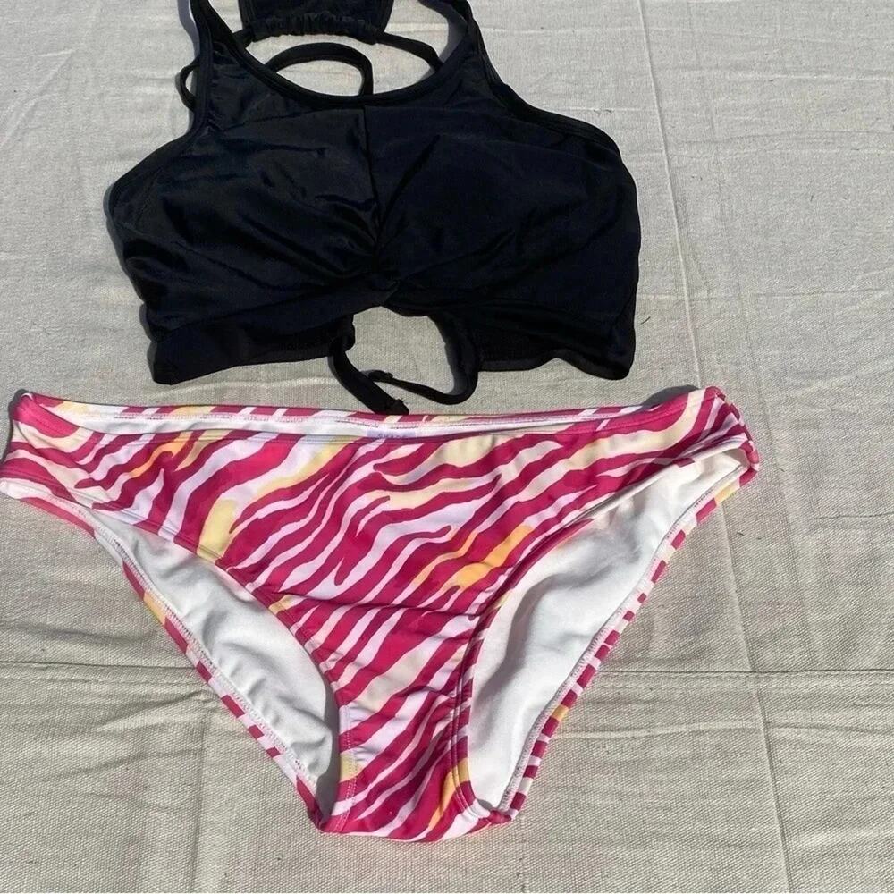 Shade‎ & shore pink & white bikini bottom SZ L Kona Sol black bikini top SZ D/DD